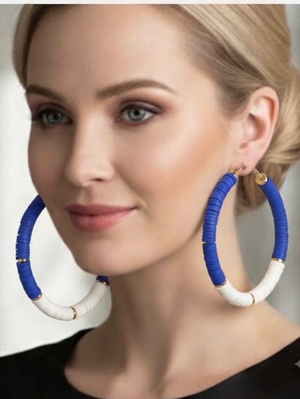 Bold Blue and Cream Hoop Earrings with Gold Accents